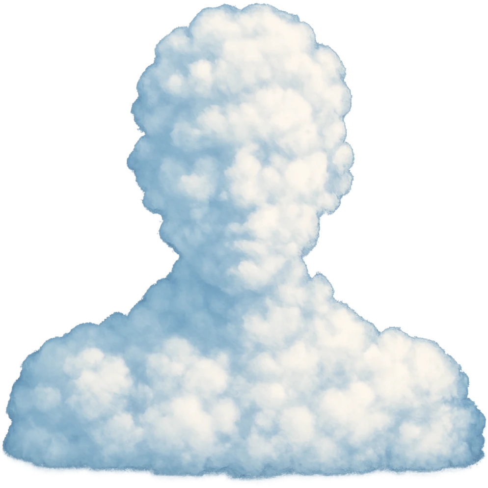 bright and recognizable image of a person from shoulders up, front view, composed of small clouds, no text emoji