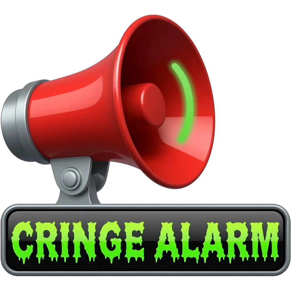 A blaring siren with visual sound effects, a label below it with text "Cringe Alarm" with green horror font", filled background emoji