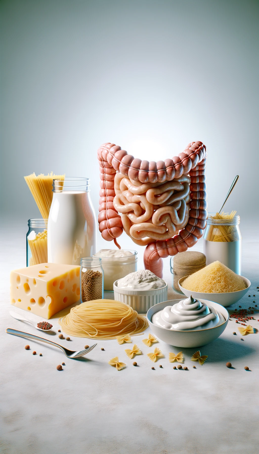 su un tavolo ci sono yogurt, formaggi, pasta, insieme ad un intestino umano anatomico, iperrealistico 4k, SFONDO CHIARO emoji