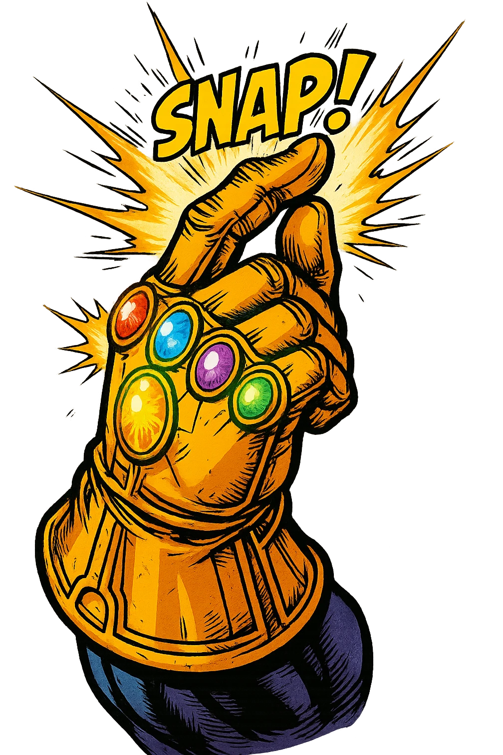 Thanos' gauntlet doing a finger snap, comic style, bright colors, emphasized gems, no background emoji