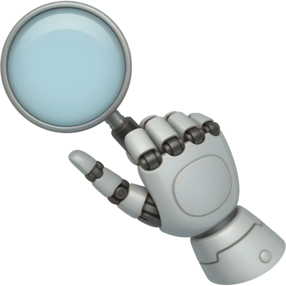white robot left hand holding magniying glass showing the back of the hand emoji