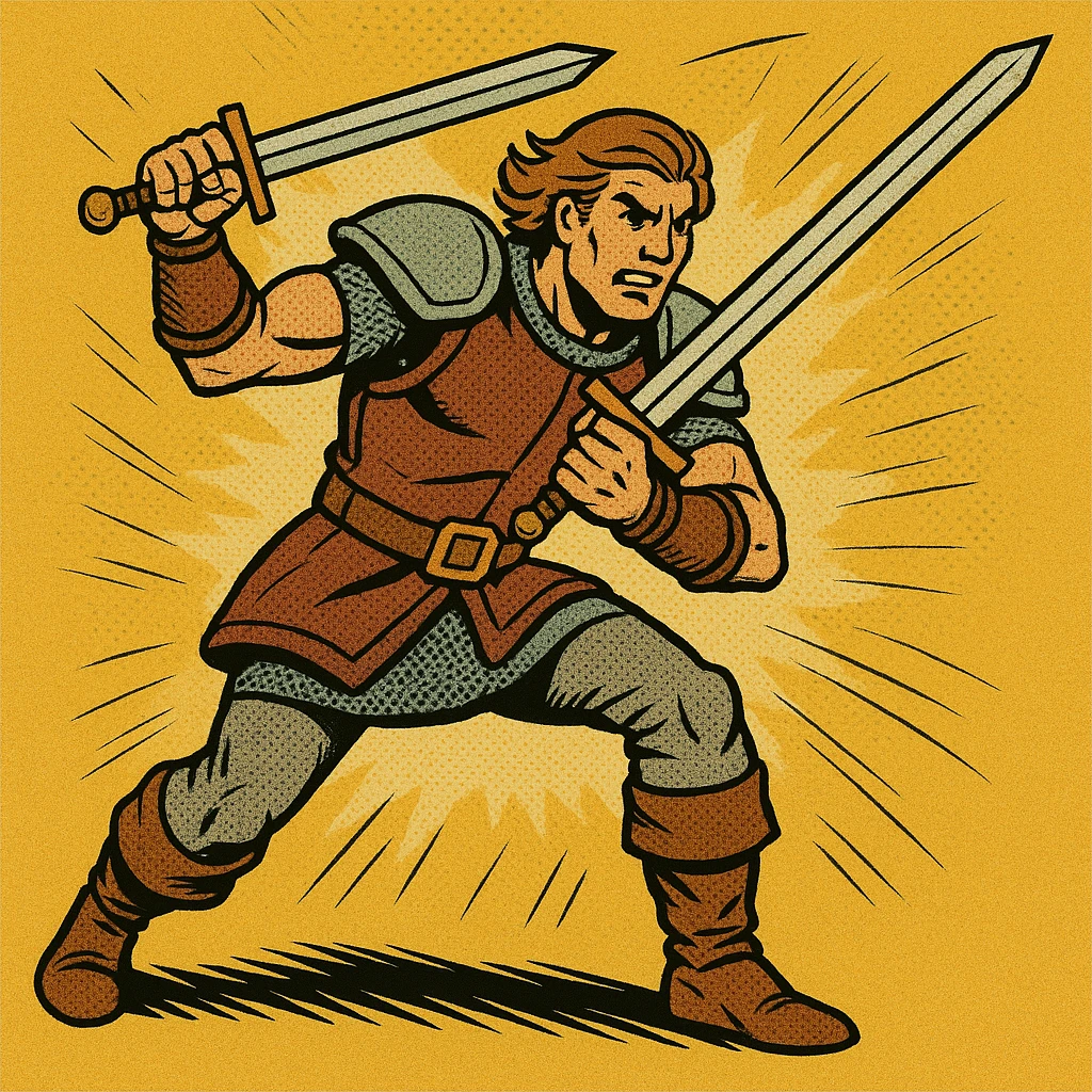 warrior RPG class, dynamic action pose, light armor, dual wielding swords, energetic, comic book style emoji