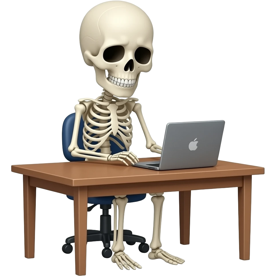 A skeleton sitting at the desk with a laptop, looking exhausted, waist and up view emoji