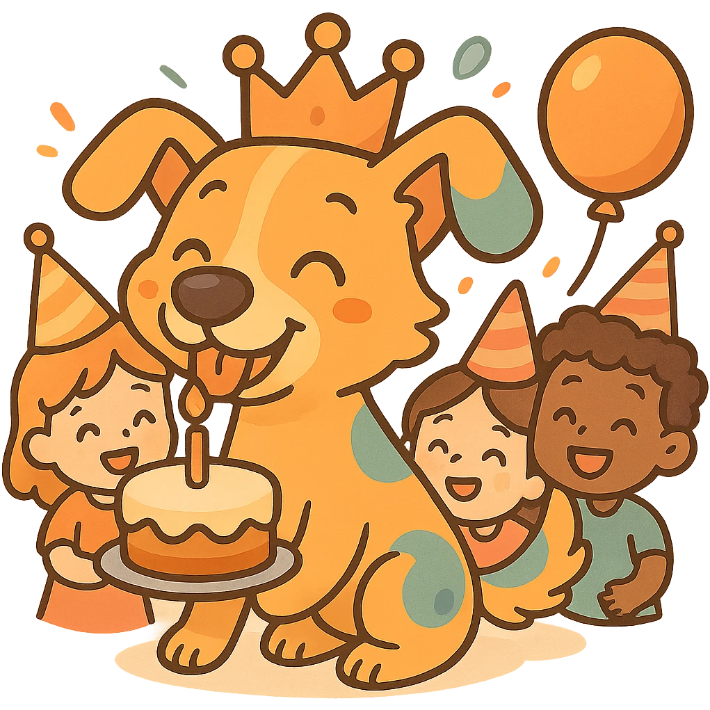 Add party guests around the dog, keeping the chibi sticker style, festive and cheerful, with no background. emoji