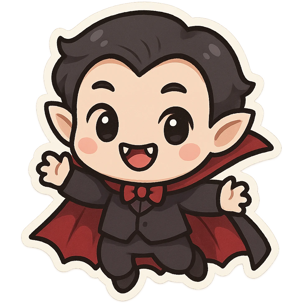 chibi vampire with tiny fangs, cute cape, big eyes, playful expression emoji