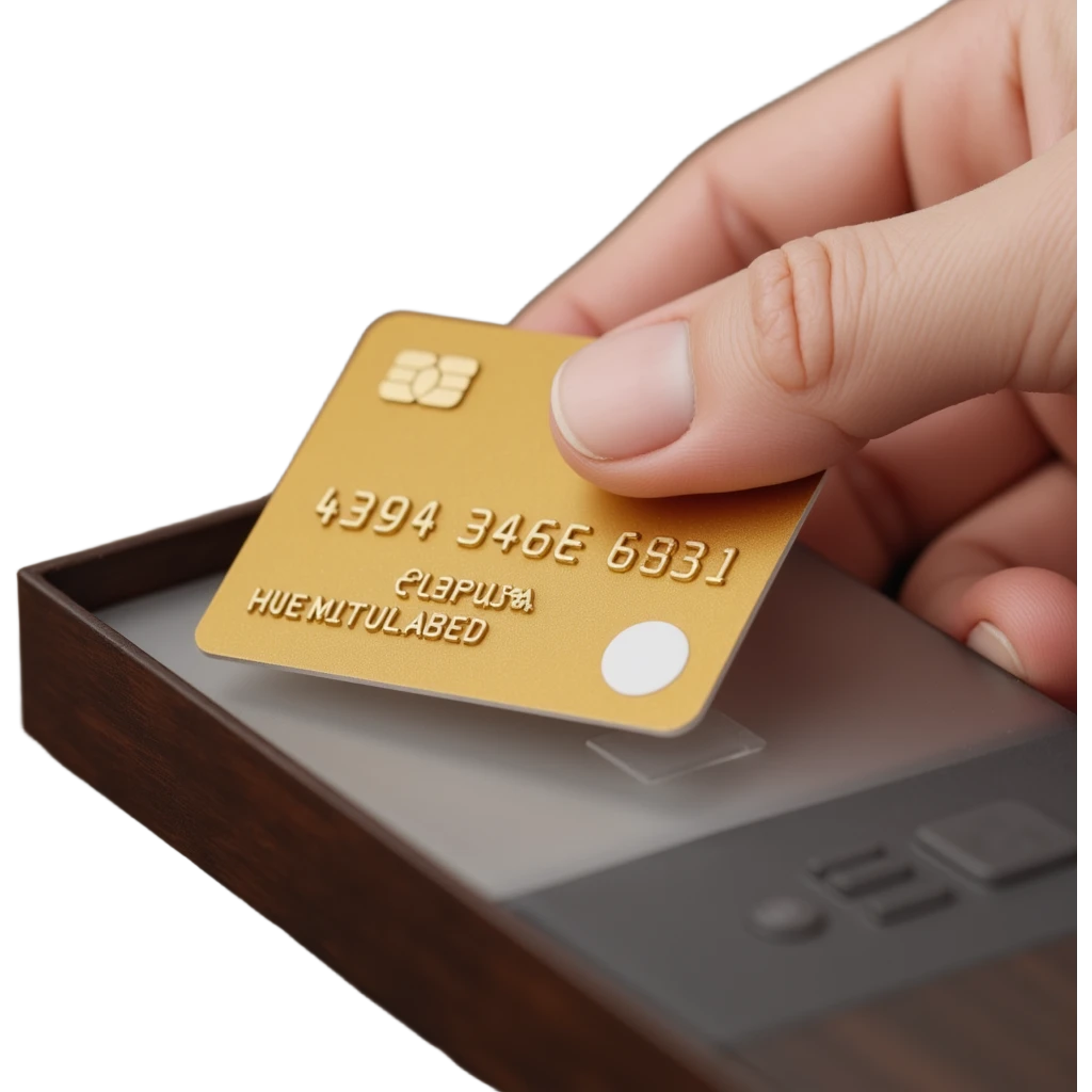 a close-up of a credit card making a payment, skeuomorphism style, detailed, photorealistic textures, subtle shadows emoji