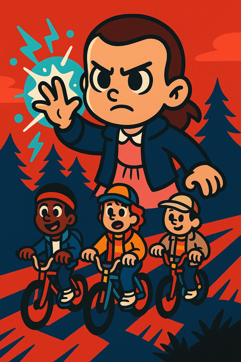 Stranger Things inspired character in vibrant toon style, variation with bicycle, Eleven's powers with supernatural effects, group of friends riding bikes. emoji