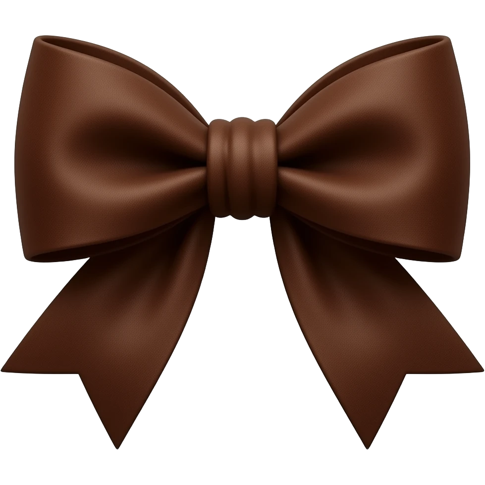 3D icon of a large, perfectly formed ribbon bow, rich dark chocolate brown color, matte texture resembling suede or thick grosgrain fabric, central knot, symmetrical and elegant, soft studio lighting to define folds, isolated on transparent background, high-resolution emoji style. emoji