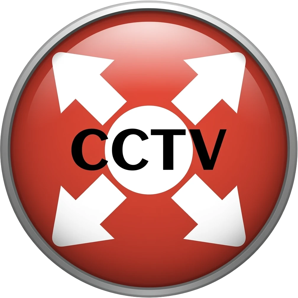 Red filled circle with white X and arrow on all end points on the X white circle in the middle. Big bold CCTV word in the centre in black emoji