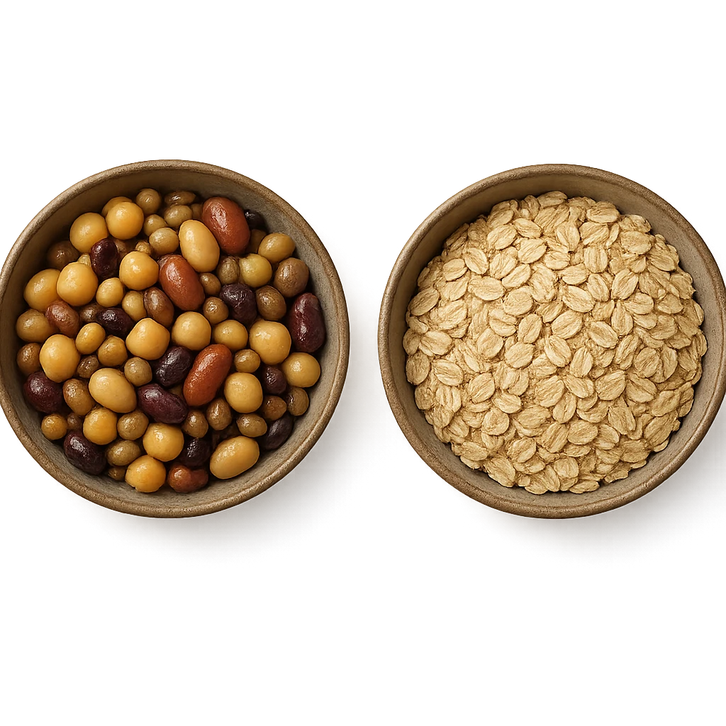 BOWL DI LEGUMI INSIEME A BOWL DI FIOCCHI DI AVENA POGGIATE,  iperrealistico 4k emoji