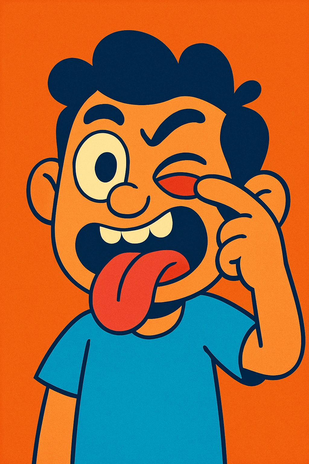 cartoonish character making a silly face with one eye wide, the other eyelid pulled down, tongue sticking out, vibrant toon style emoji