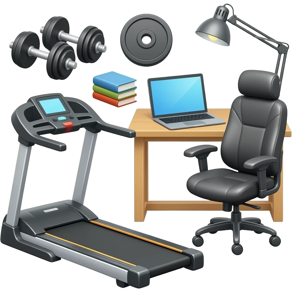 健身器材和学习用具，要写实，不要卡通 emoji