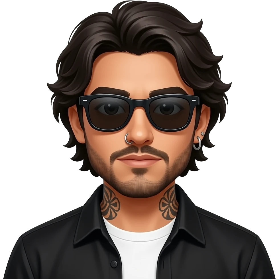 A handsome Latino man with medium length hair and beard and tattoos with a nose hoop and an earring hoop wearing all black with a white undershirt and black sunglasses emoji