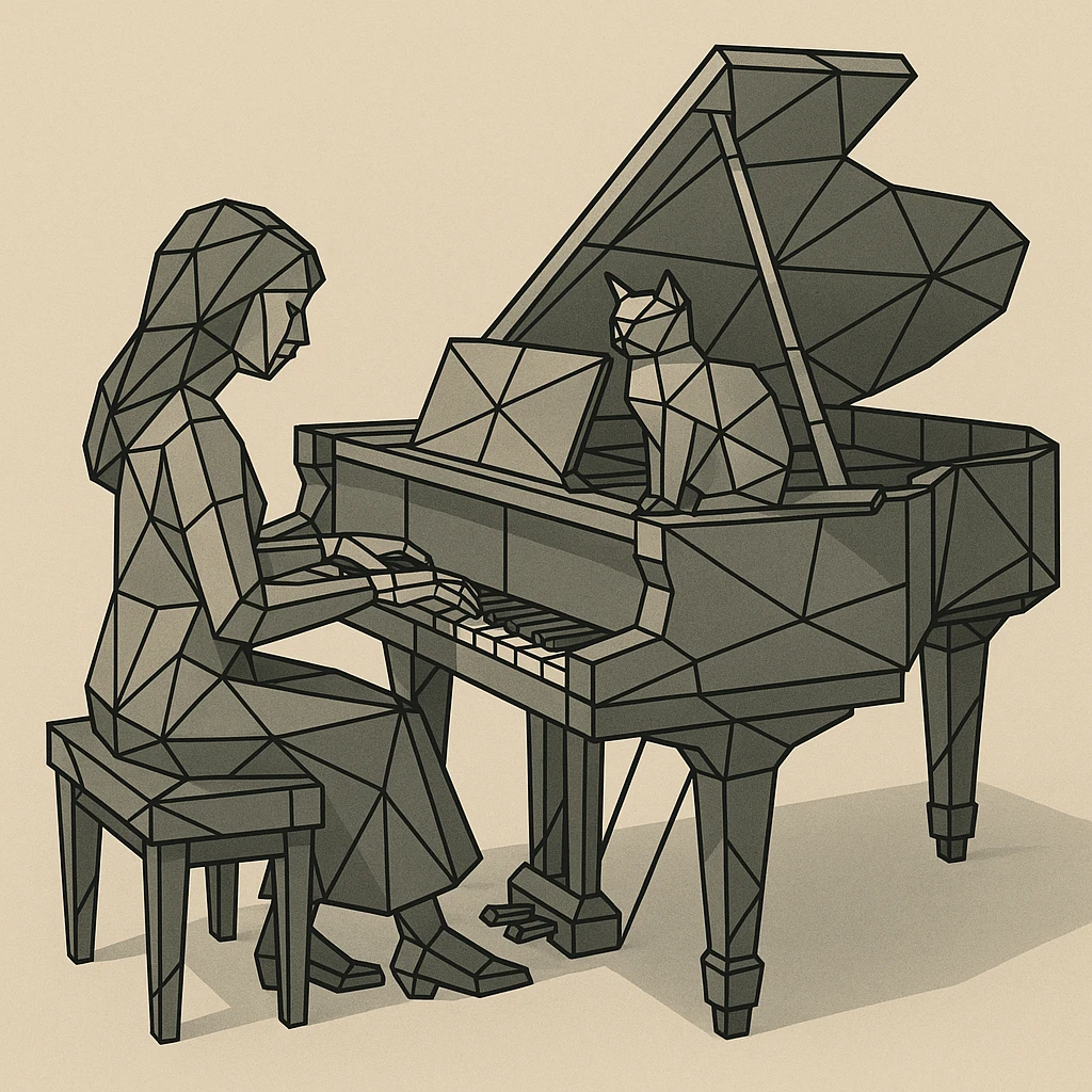 woman playing piano while her cat sits on top of the piano emoji