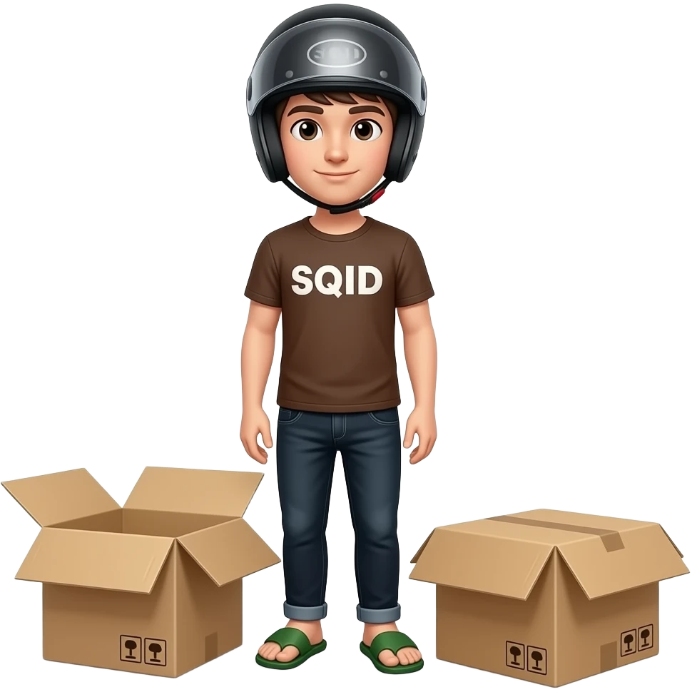 young man with black jeans and a brown shirt with SQID written on it wearing a black motorcycle helmet and green slippers standing behind 2 boxes emoji