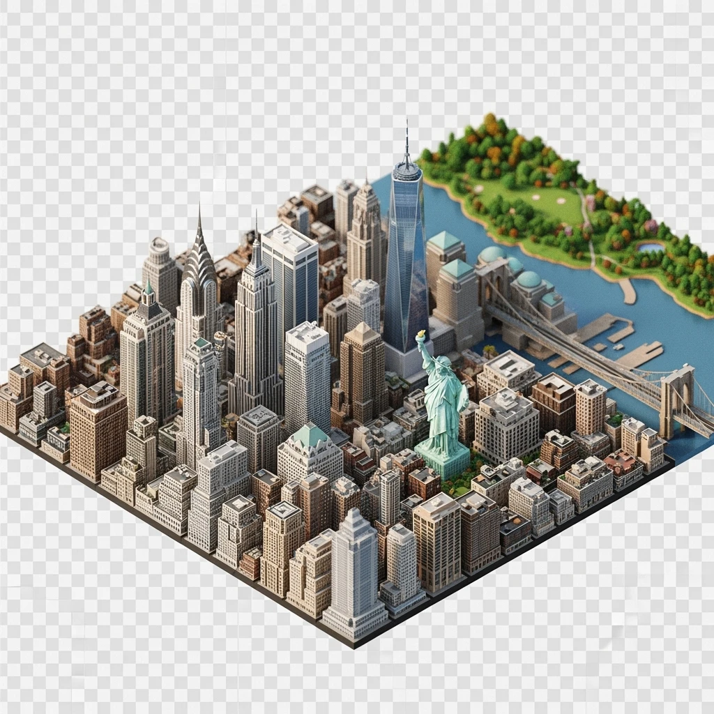 Isometric miniature of New York Сity Empire State Building, Chrysler Building, One World Trade Center, Statue of Liberty, Brooklyn Bridge, and Central Park chaotic low-rise blocks in outer boroughs 3D miniature effect and Tilt Shift effect, no cartoonish look, transparent background. emoji