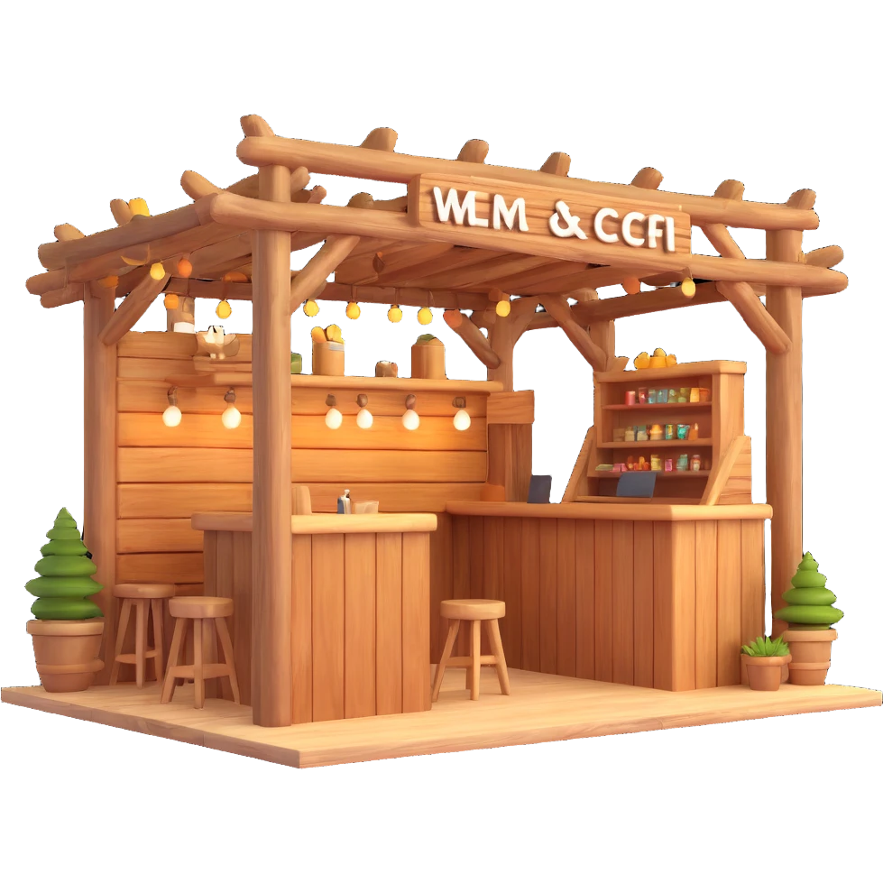 3D festival booth, rustic wooden design, natural elements, cozy and inviting, warm lighting emoji