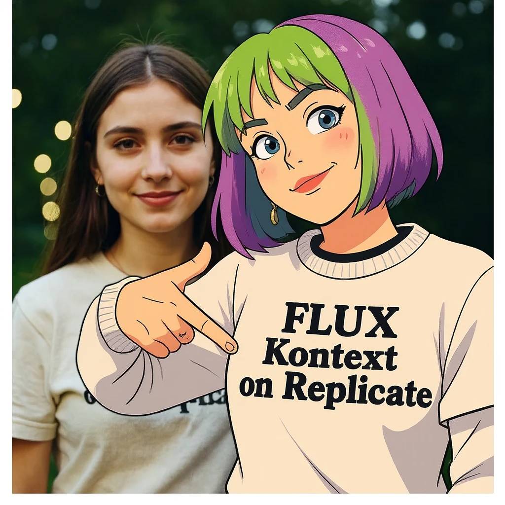 make a image of a girl with a anime version of that girl beside her wearing tshirt with text of just "FLUX Kontext" nothing else emoji