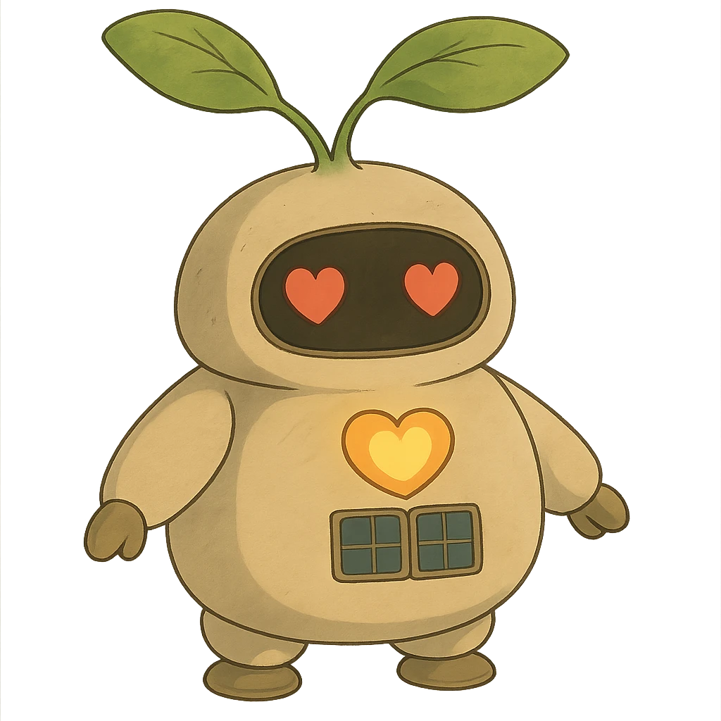A chubby, round robot seedling with soft, plush-like forms. Its body resembles a young sprout with smooth lines. The robot has large round sensor-displays for eyes that change expression (❤️ for good harvest, ⚠️ for problems). It has two movable leaf-antennas on its head that move when working. On its chest is a stylized heart with solar panels that glows softly when charging. It has short, slightly clumsy arms and legs like a baby robot, with suckers or tiny wheels on its feet to "roll" around the greenhouse. emoji