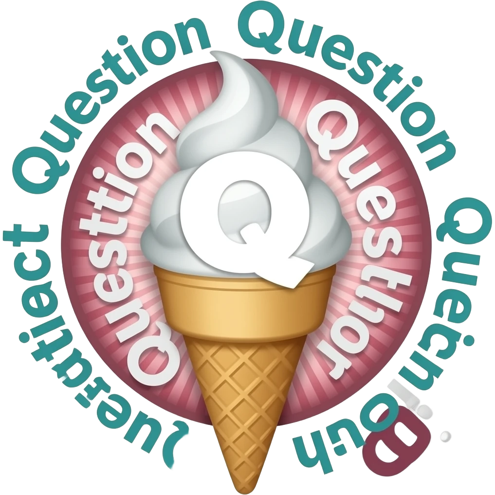 The big letter "Q" in the center. Smaller the Words "Question", "Question", "Question", "Qsolve", "Qcollect" und "Qteach" around it in a comic style ice cream cone emoji