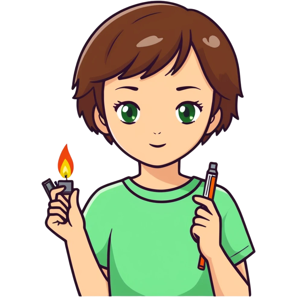 Girl with short brown hair and green eyes in love with a lighter  emoji