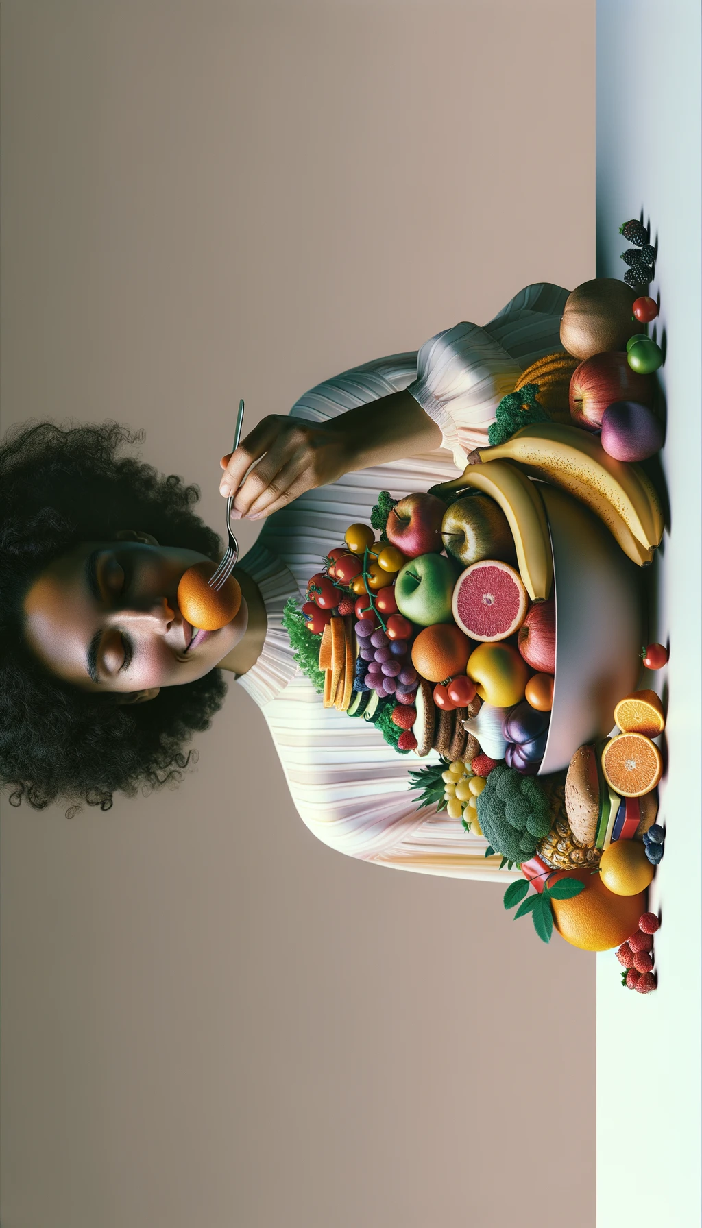 donna che mangia una montagna di frutta e verdura, SFONDO CHIARO NEUTRO, colori realistici, iperrealistico 4k emoji