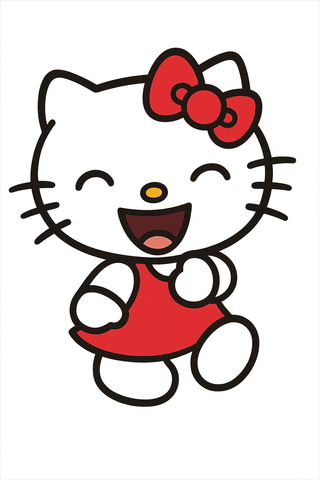 Hello Kitty laughing, cartoon style, white cat, red bow, eyes closed in laughter, mouth open, cheerful, no background emoji