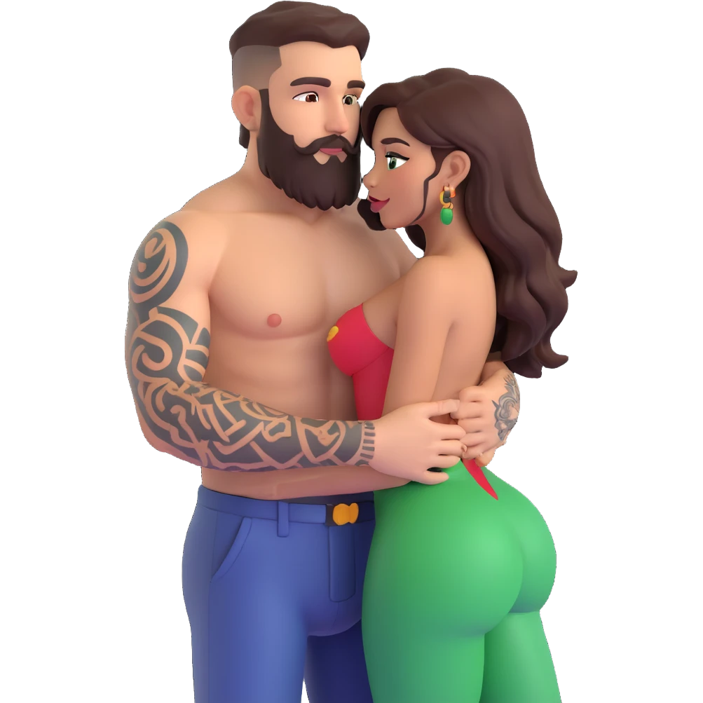 Short Brown eyed Latina woman with pierced nipples, small breasts and tattoos having sex with a tall white man with green eyes and a beard grab big booty emoji