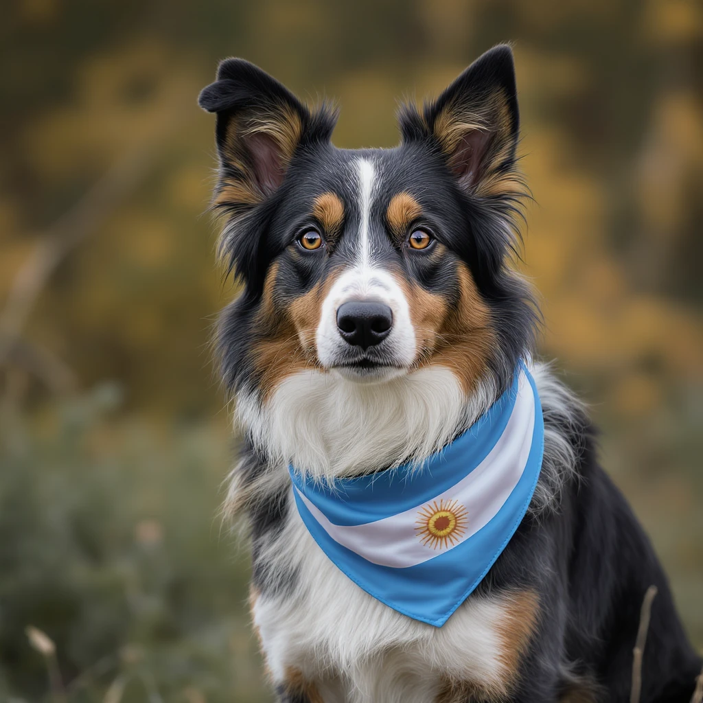 Border Collie dog with subtle Argentinian flag collar, photorealistic, standing, alert posture emoji