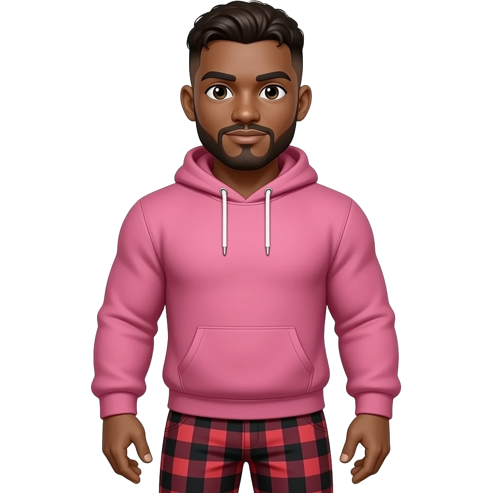 A muscular man who has a brown fluffy low taper fade, wearing a pink sweatshirt and is muscular and their skin color is brown and the pants are plaid red and black pants emoji