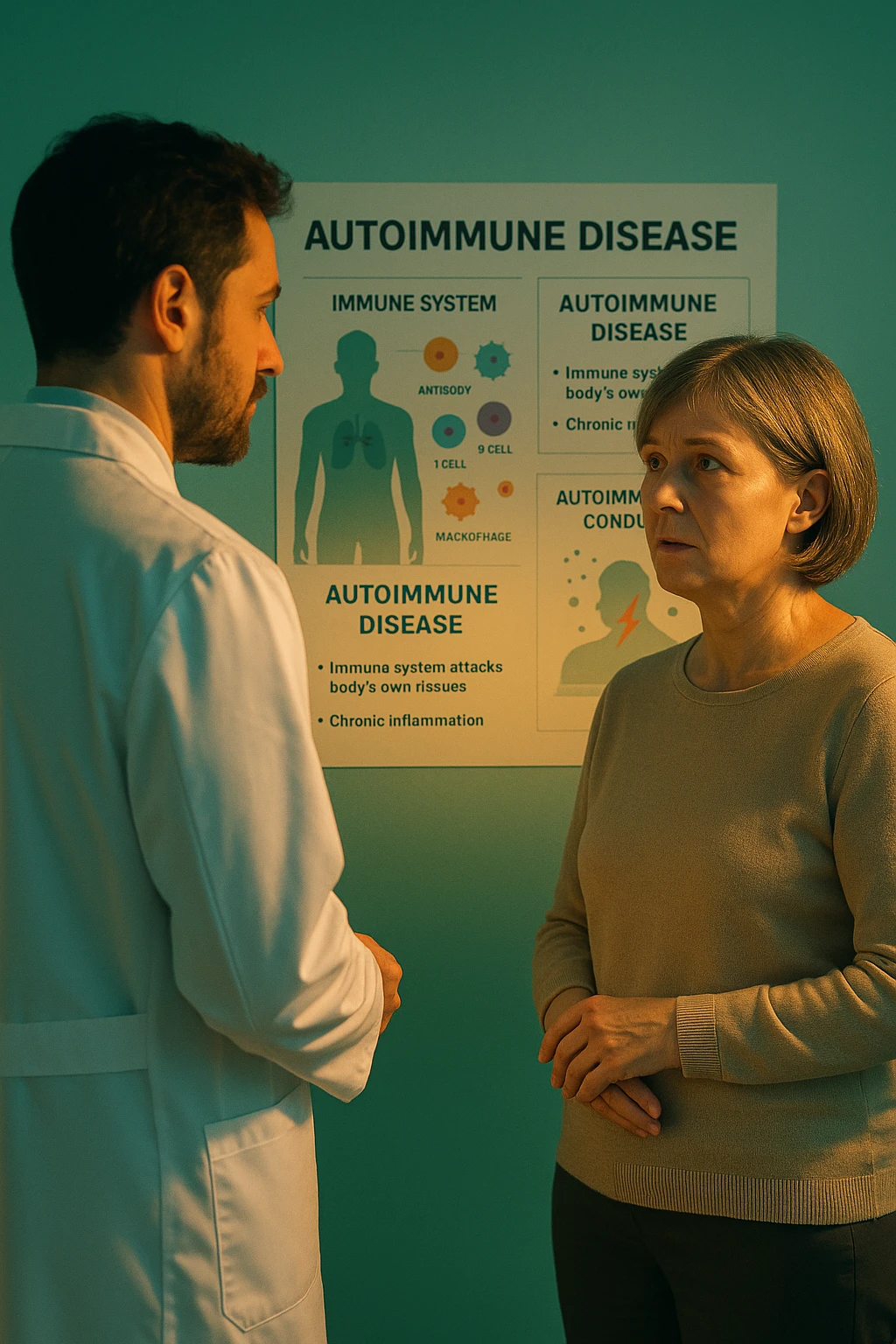 Realistic, detailed photo taken from behind of one doctor e un paziente —a bearded man and a middle-aged woman—standing and facing each other as they discuss an autoimmune disease diagnosis in front of a medical chart that displays information about the immune system and autoimmune conditions. The scene is illuminated by a yellowish, orange, warm light that softly envelops the doctors. The entire room is bathed in a single green-blue color, creating a cohesive and modern atmosphere. Both doctors wear white coats, and their body language suggests a serious, professional conversation about the complexities of autoimmune diseases. Shot with a Canon EOS R5, with high detail and natural depth of field. in italiano emoji