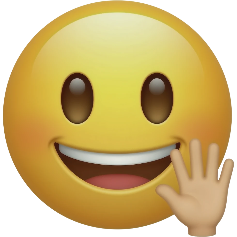 A SINGLE smiling face emoji showing ONE hand. This hand has exactly 3 fingers extended: the index, middle, and ring. The palm faces forward. Simple background emoji