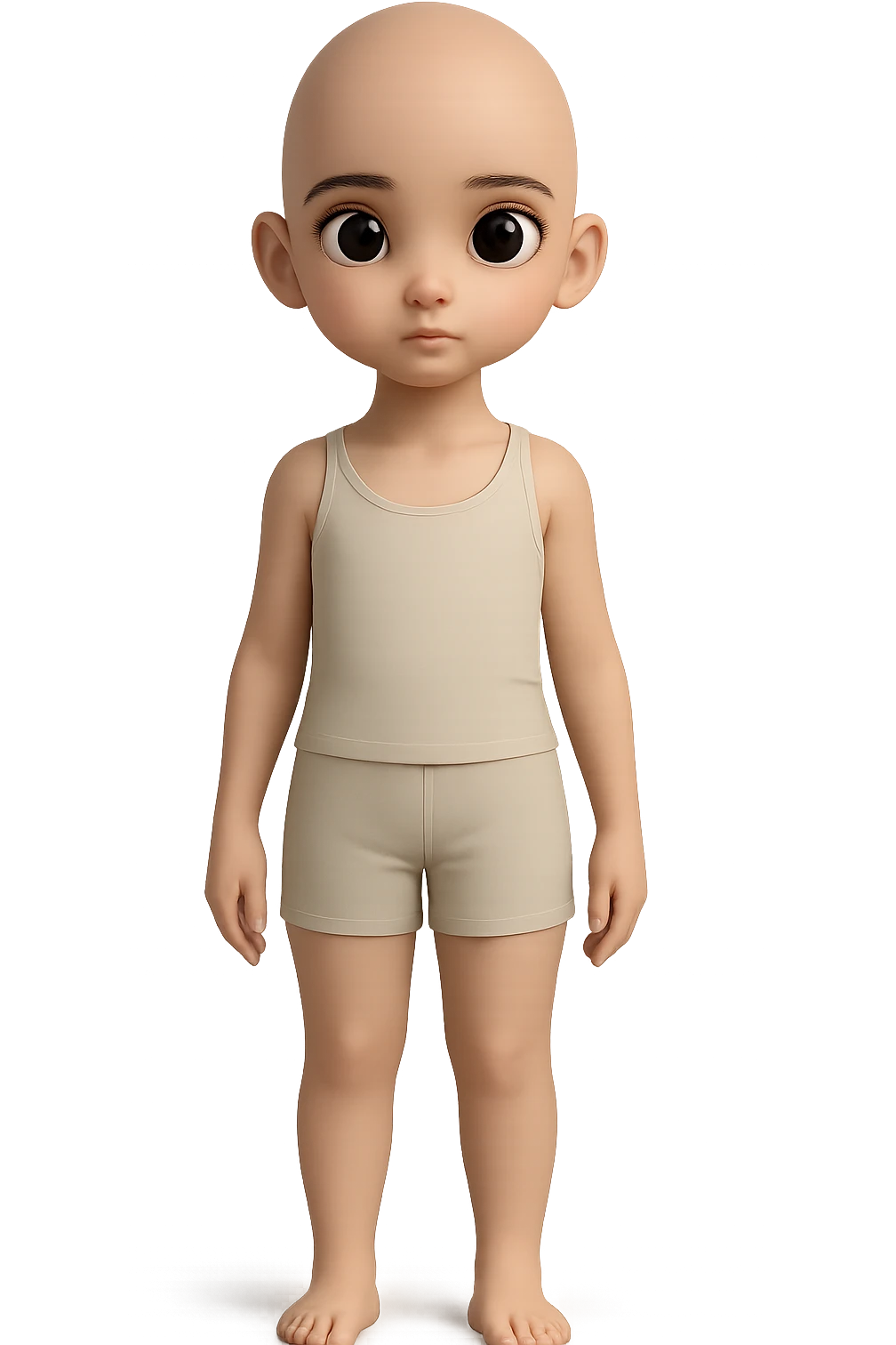 Remove all hair from the character, making them completely bald. Keep everything else the same including shorts, tank top, pose, and style. Maintain transparent background. emoji
