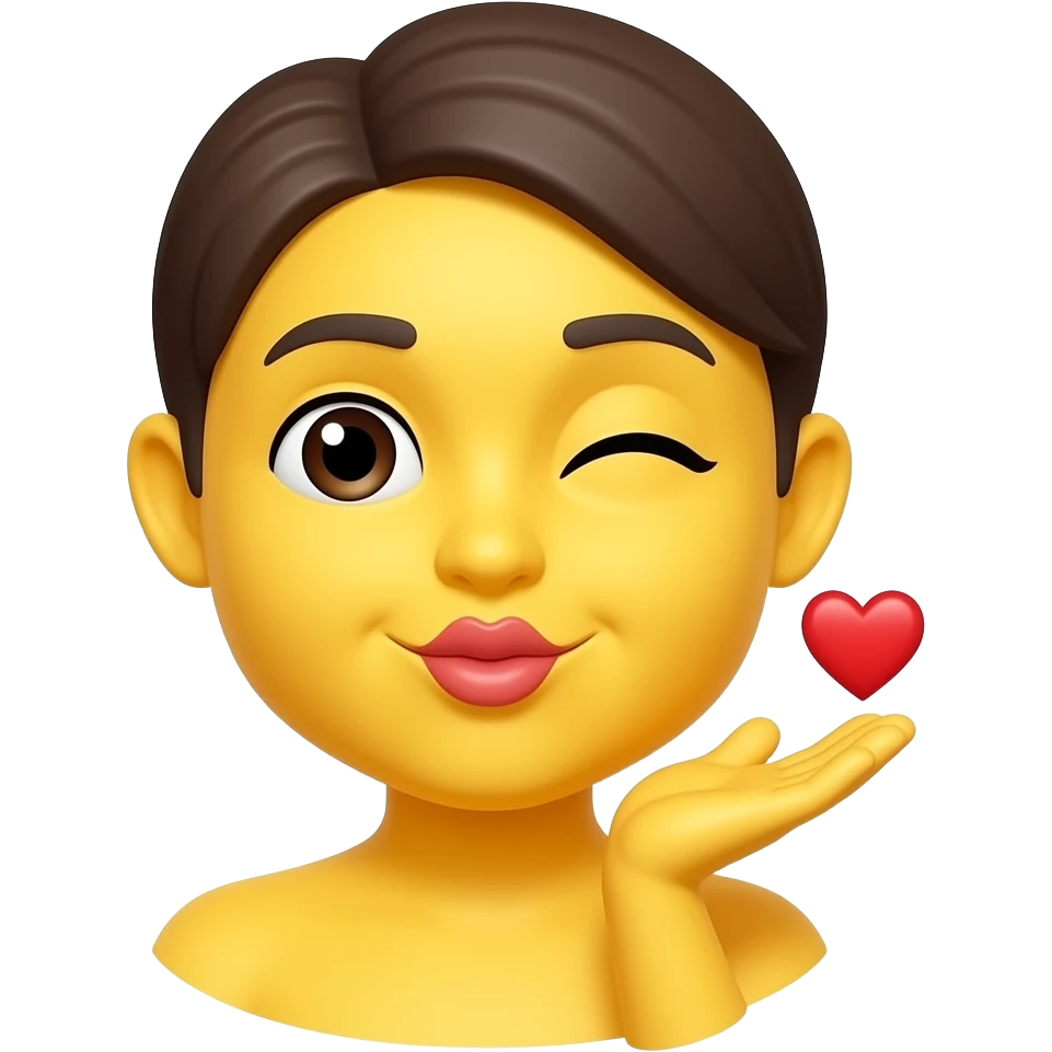 A yellow emoji face pucking their lips and winking one eye while positioning their open palm by their mouth to blow a kiss, followed by a small red heart next to the face near the hand emoji