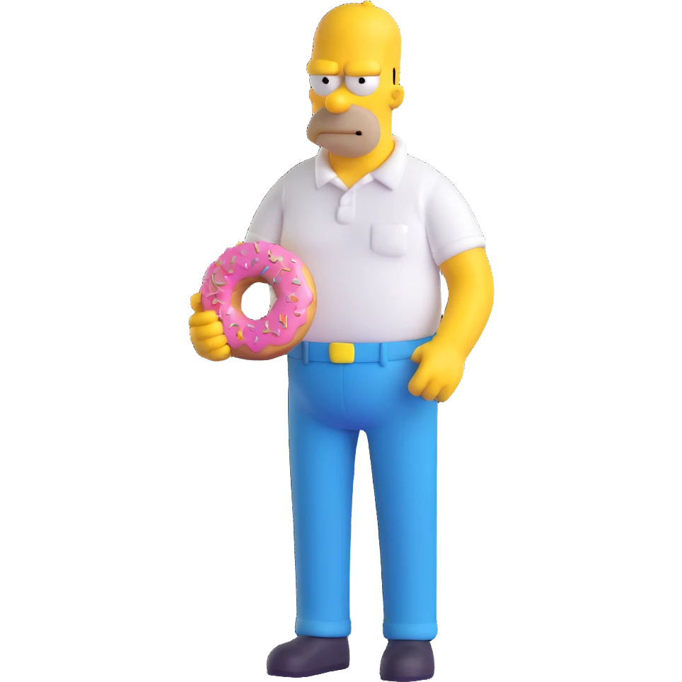 Homer Simpson 3D style, yellow skin, bald, white shirt, blue pants, holding a donut emoji
