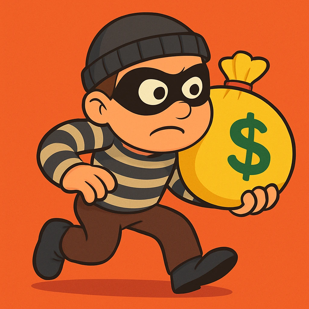 Add a bag of money to the cute thief character, preserving the same flat toon style with vibrant colors and clear details consistent with the original image. emoji
