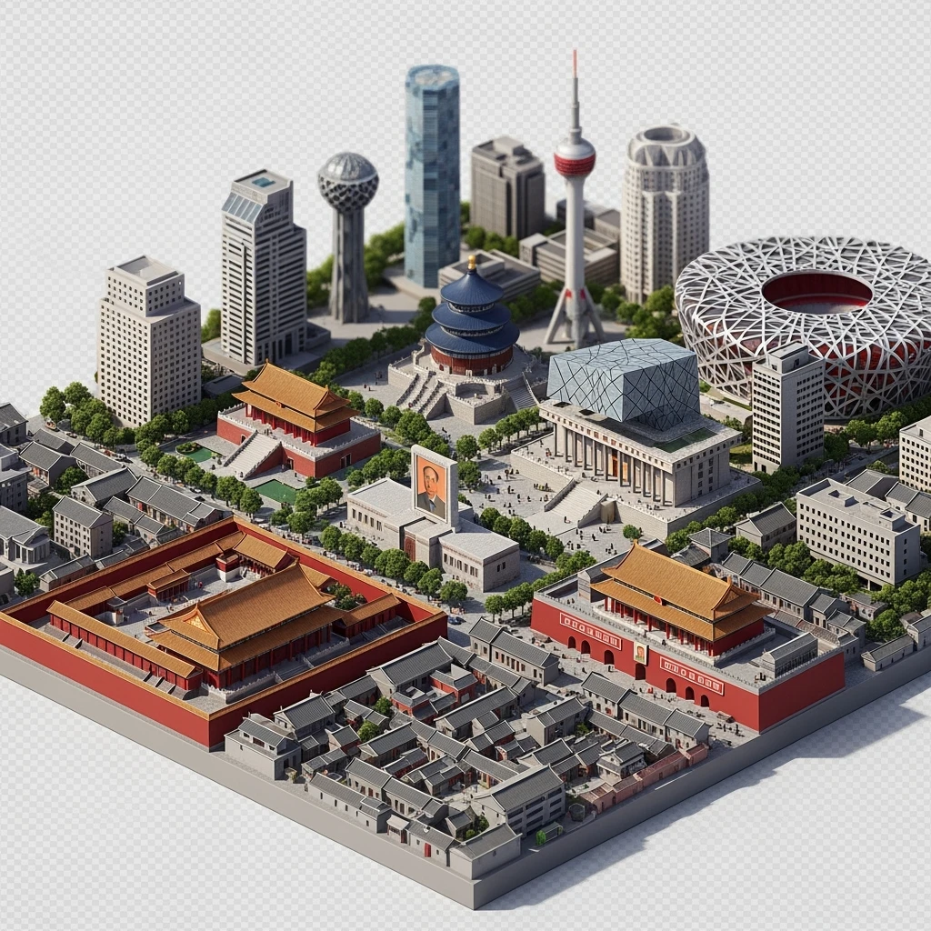 Isometric miniature of Beijing Forbidden City, Tiananmen Square, CCTV Headquarters, Temple of Heaven, China Zun tower, Bird’s Nest Stadium and crowded hutong alleys, apartment blocks, 3D miniature effect and Tilt Shift effect, no cartoonish look, transparent background, don't cut angles emoji