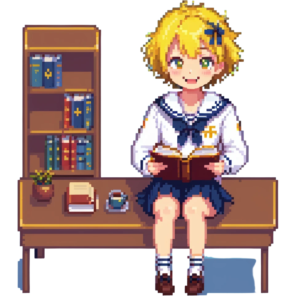 Pixel art anime girl with short bright yellow hair wearing Japanese sailor style school uniform, sitting at desk reading book but with excited smile, energetic studying pose emoji