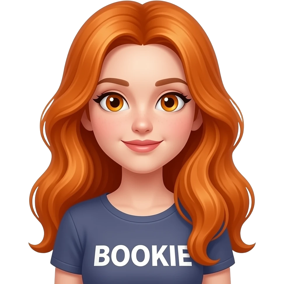 sexy girl with long ginger hair and ginger eyes a top with BOOKIE written on it emoji