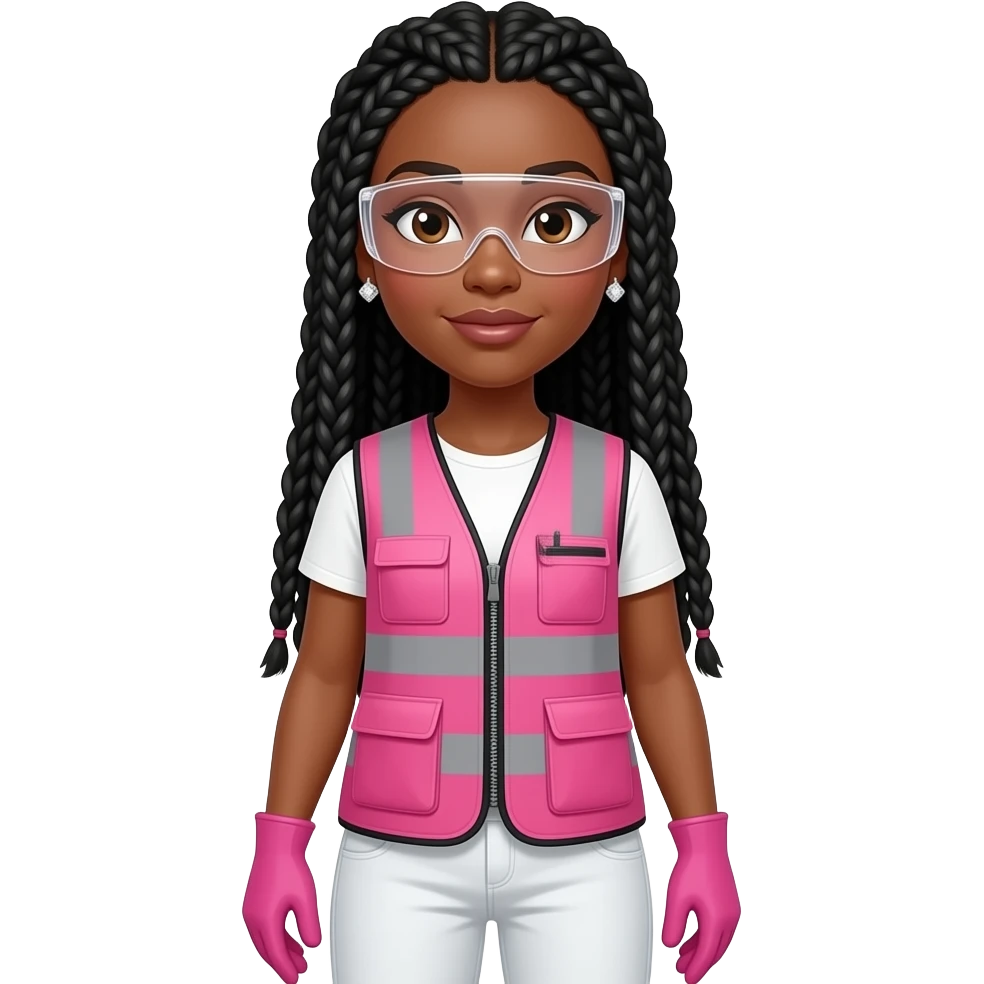 African American light skin woman with brown eyes with long black box braids wearing diamond earrings wearing pink and clear safety glasses wearing a pink construction vest wearing white pans wearing pink construction vest wearing white pants wearing pink construction gloves emoji