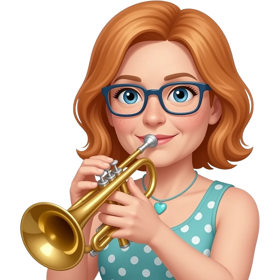 AJM - woman, mid 40's, pale ginger hair, blue eyes, rectangle glasses, freckles, tiffany heart necklace, hobby playing brass emoji