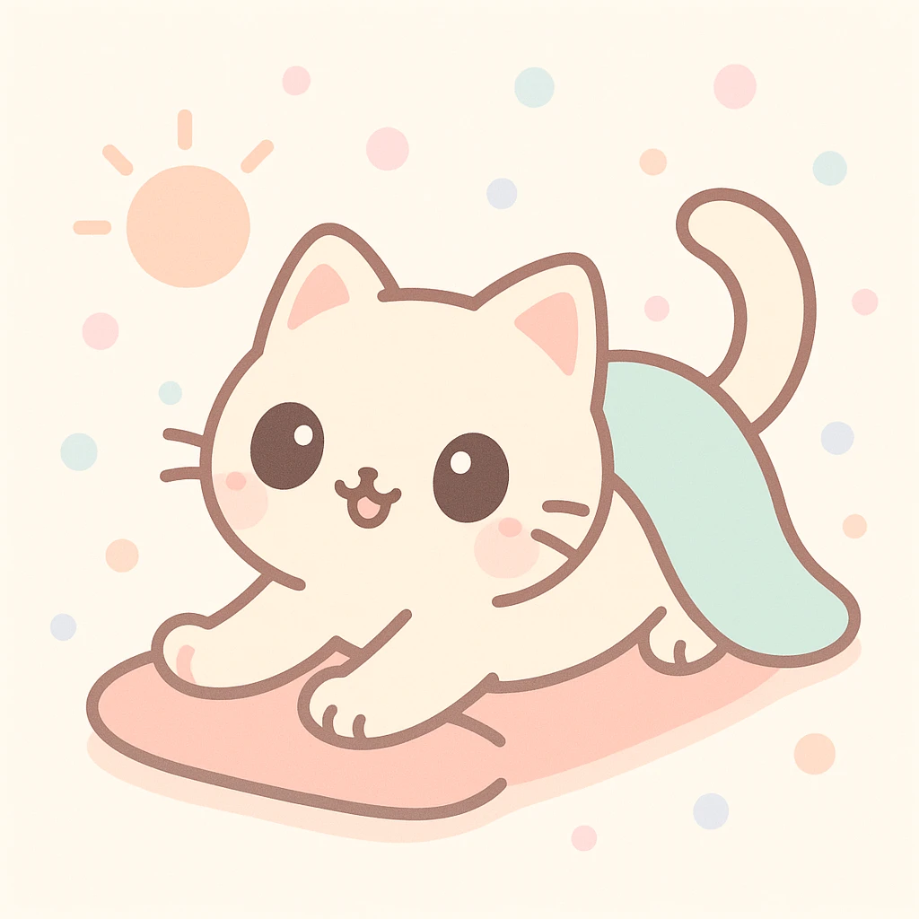 a cute cat that just woke up, soft fur, big eyes, stretching, cozy morning light, kawaii style emoji
