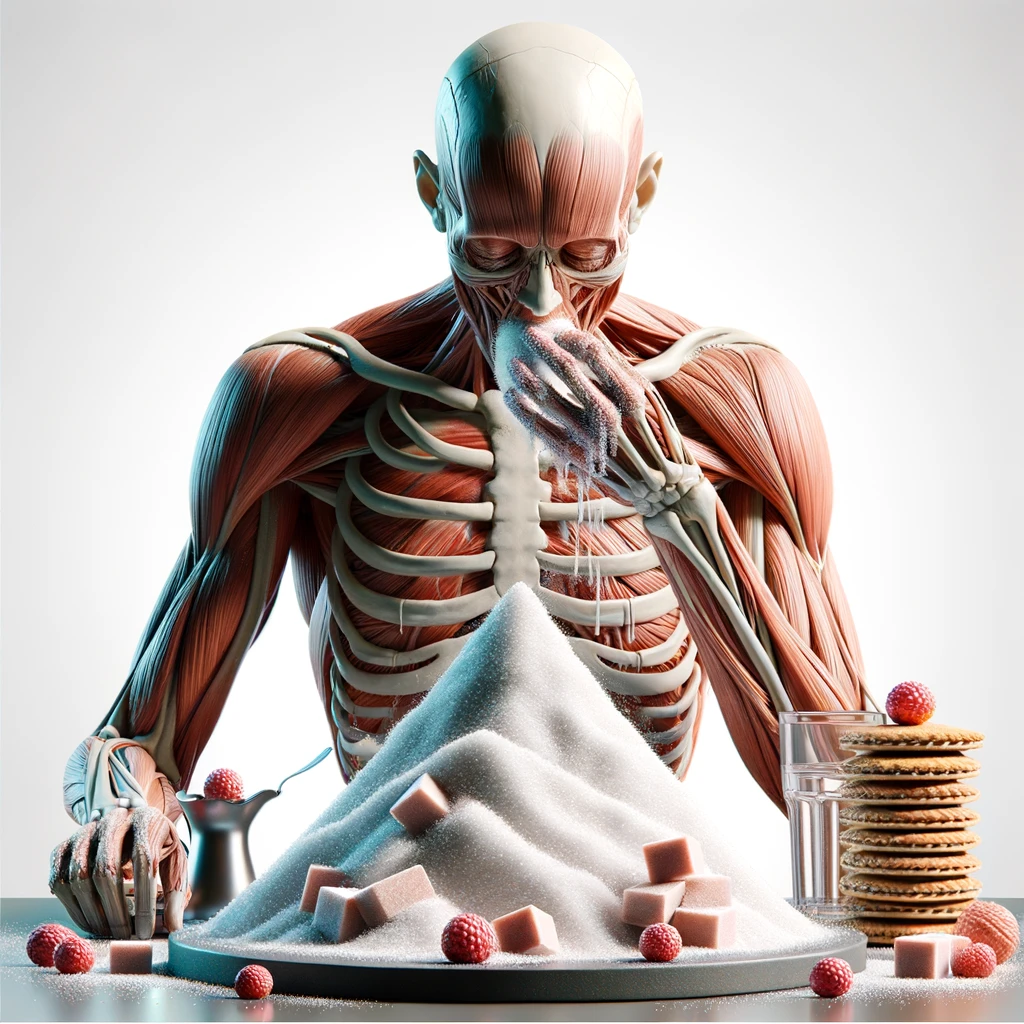 corpo umano anatomico che si abbuffa di dolci e zuccheri, montagna di zuccheri davanti a lui, iperrealistico 4k, isolato su sfondo bianco emoji