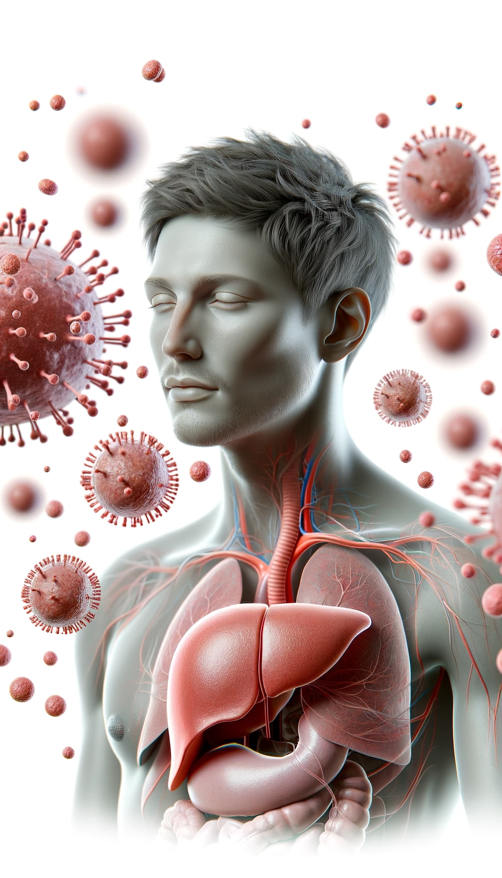 corpo umano anatomico con capelli corti e gli occhi chiusi, intorno a lui fluttuano cellule, fegato in evidenza, ha l'espressione rilassata, visto dal fianco iperrealistica 4k, isolato su sfondo bianco emoji