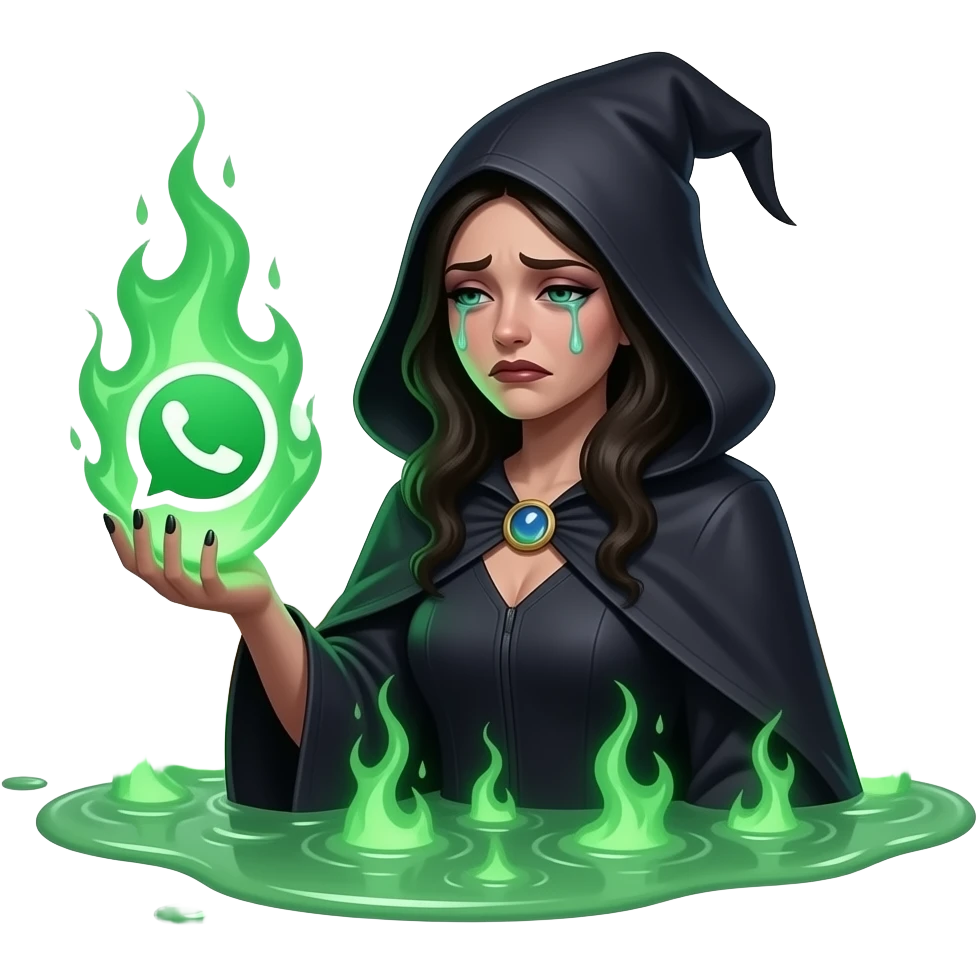 A dark sorcerer’s evil woman is crying expression, she is hand holding a WhatsApp logo burning with green magical flames, liquid creams, text below: 'HAVE YOU MOVED HERE?'. Cinematic lighting, high-contrast emoji, disgusting, dead, valley of head bones in background emoji