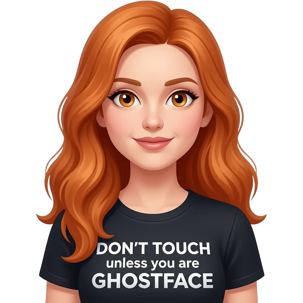 sexy girl with overlong ginger hair and ginger eyes wearing a top with DON'T TOUCH unless you are GHOSTFACE written on it emoji