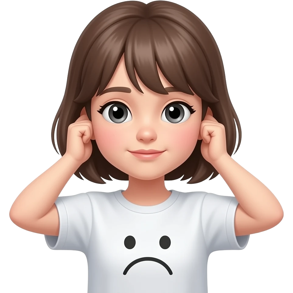 A pale girl wearing a t-shirt shirt with a little sad face catching her ears emoji