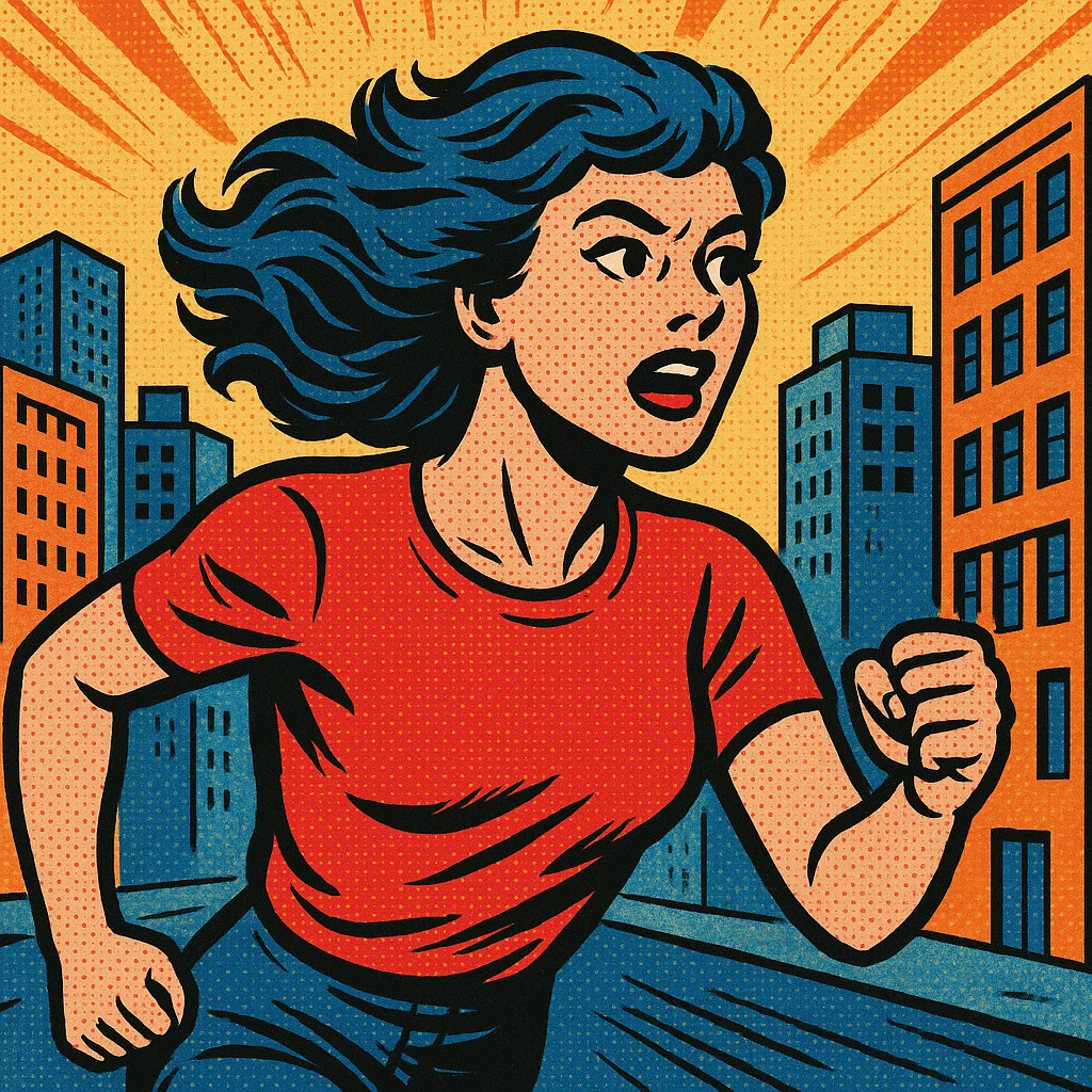 Woman with blue hair running in a city emoji