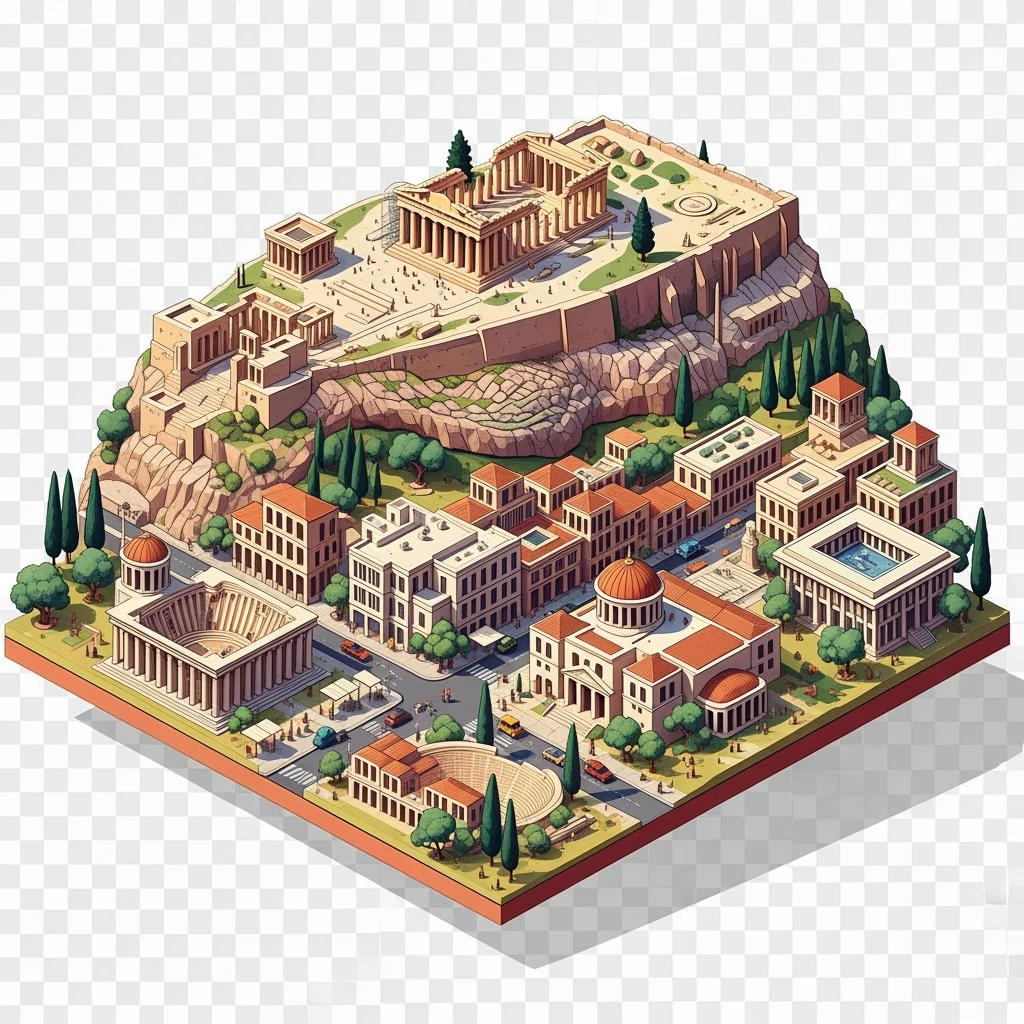 Isometric illustration of Athens, featuring the Parthenon on the Acropolis hill, highly detailed in semi-realistic style balanced between stylized and realistic, 3D miniature effect, transparent background. emoji
