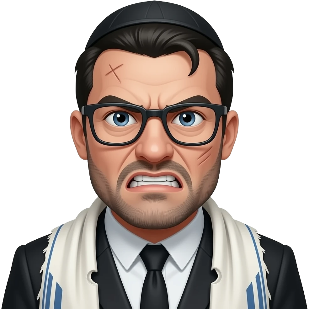 A man with black  and White costume, white skin, Big n’ose, bl nv ack haïr, glasses, a black kippa on the head and who looks angry and with unperfect skin and who looks like a homeless emoji